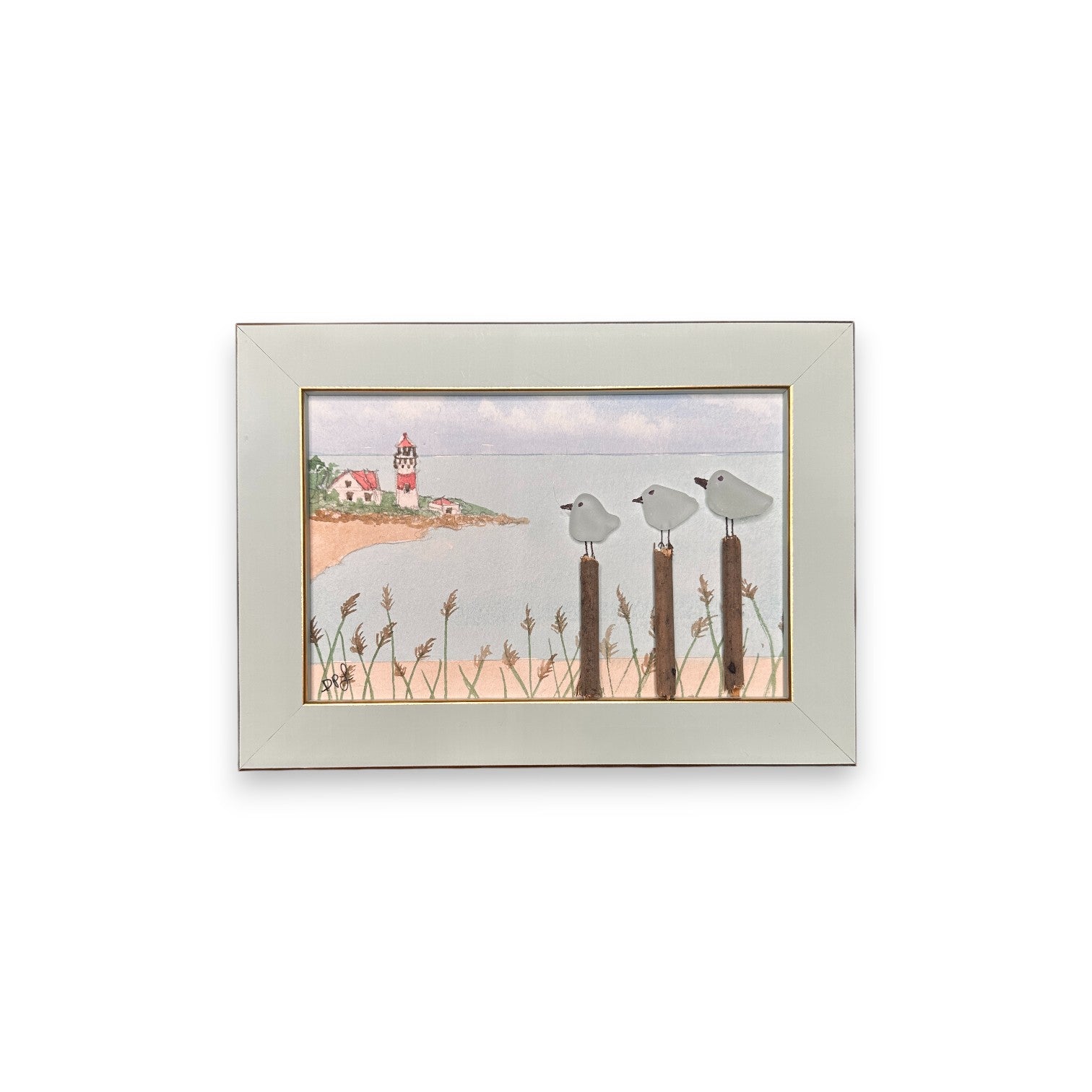 Stratford Point Lighthouse Sea Glass Birds on Watercolor Print - Framed Teal 7-1/4-in Horizontal - Mellow Monkey