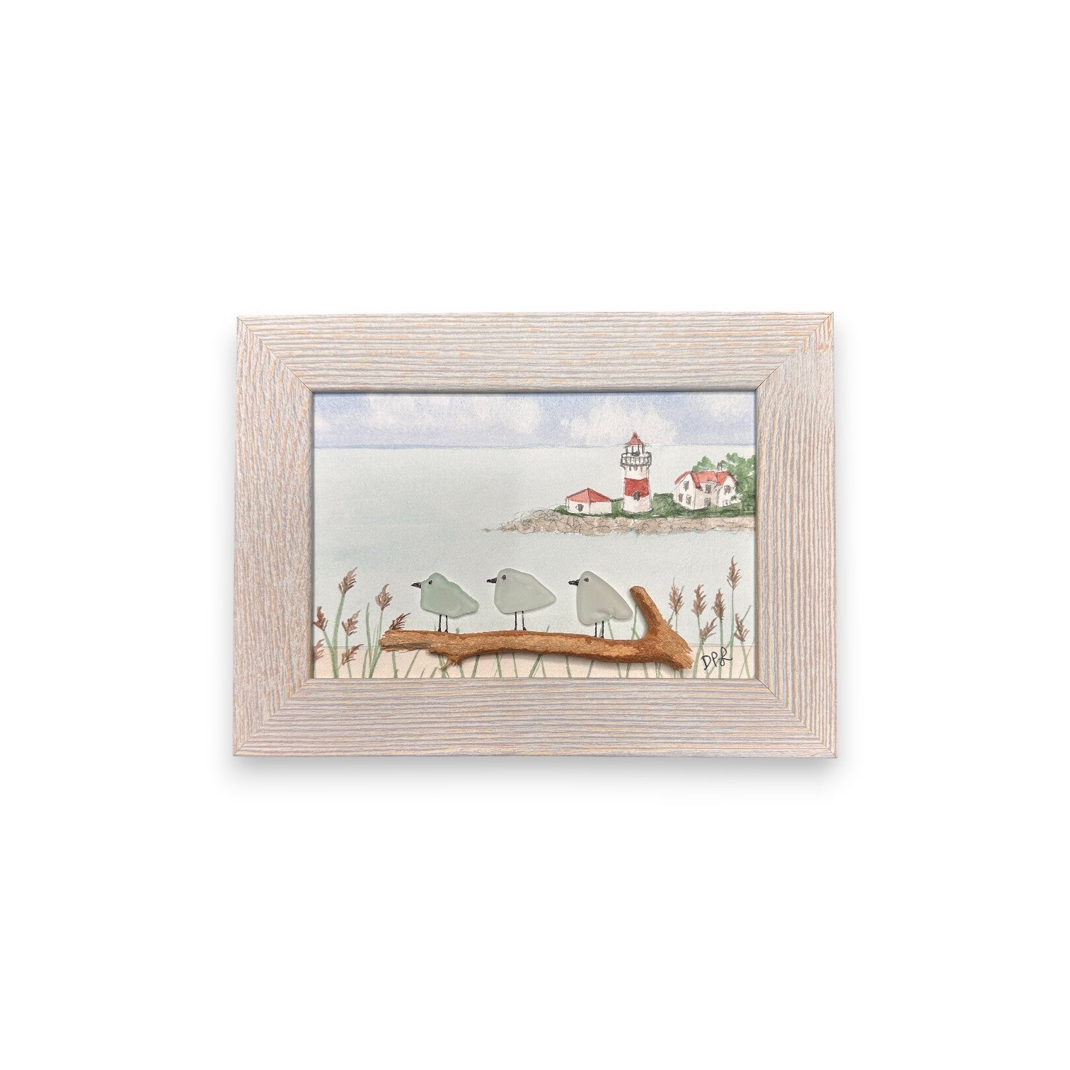 Stratford Point Lighthouse Sea Glass Birds on Watercolor Print - Framed White Washed 7-1/2-in Horizontal - Mellow Monkey