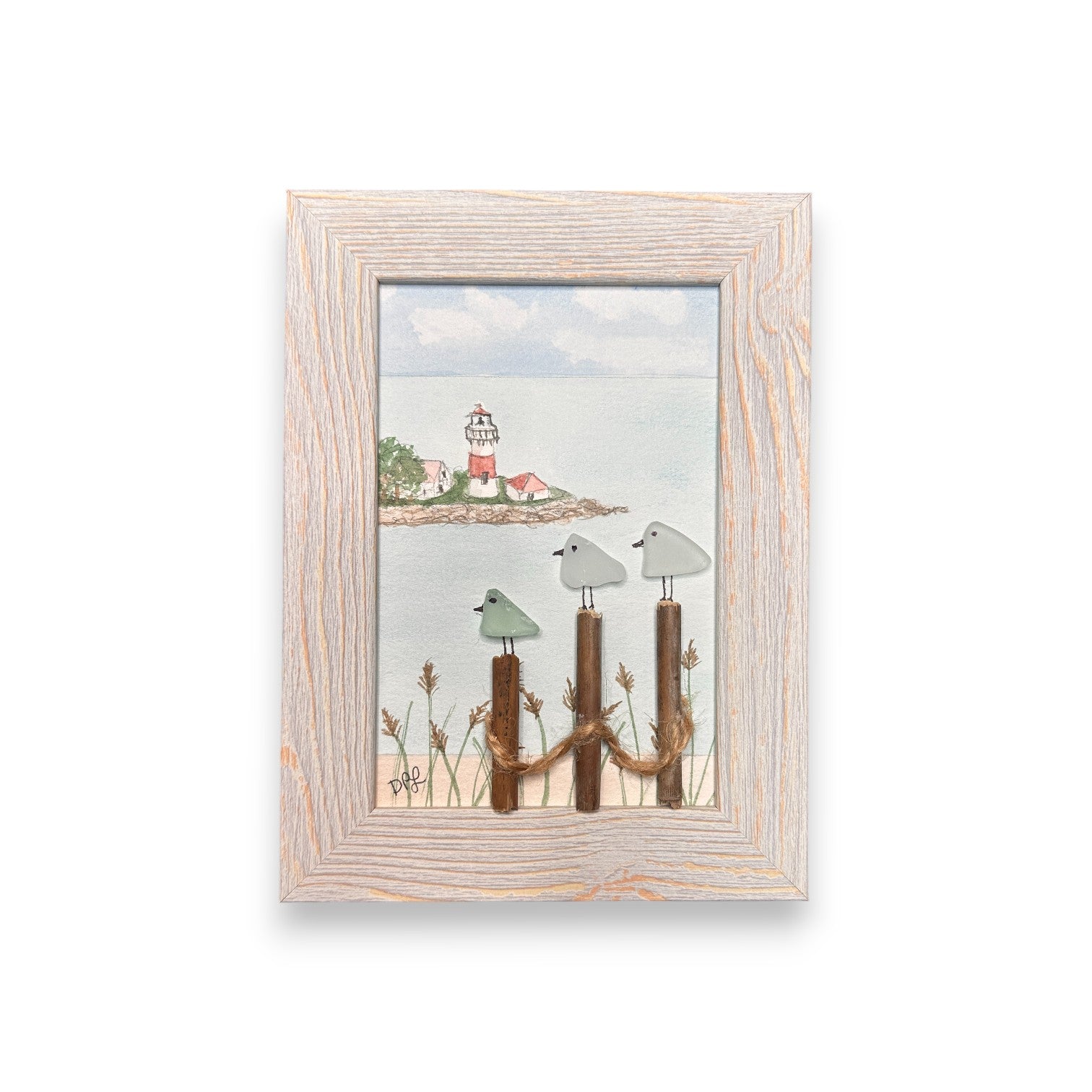 Stratford Point Lighthouse Sea Glass Birds on Watercolor Print - Framed White Washed 7-1/2-in Vertical - Mellow Monkey