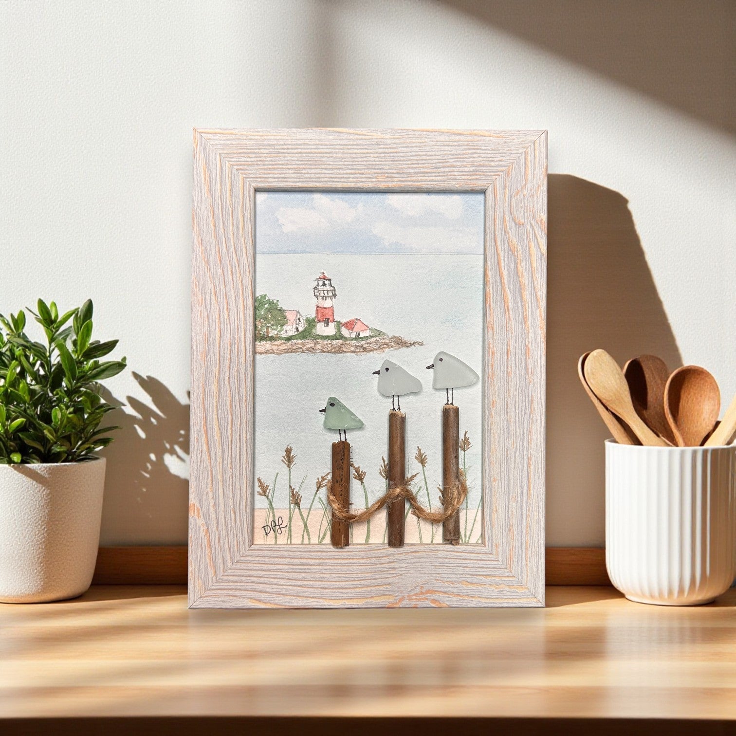 Stratford Point Lighthouse Sea Glass Birds on Watercolor Print - Framed White Washed 7-1/2-in Vertical - Mellow Monkey