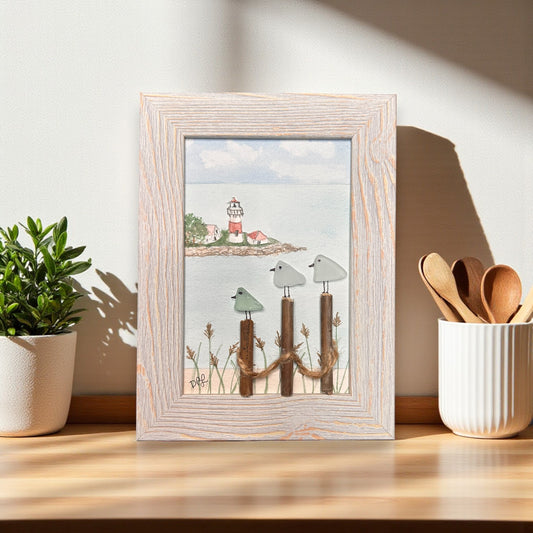 Stratford Point Lighthouse Sea Glass Birds on Watercolor Print - Framed White Washed 7-1/2-in Vertical - Mellow Monkey