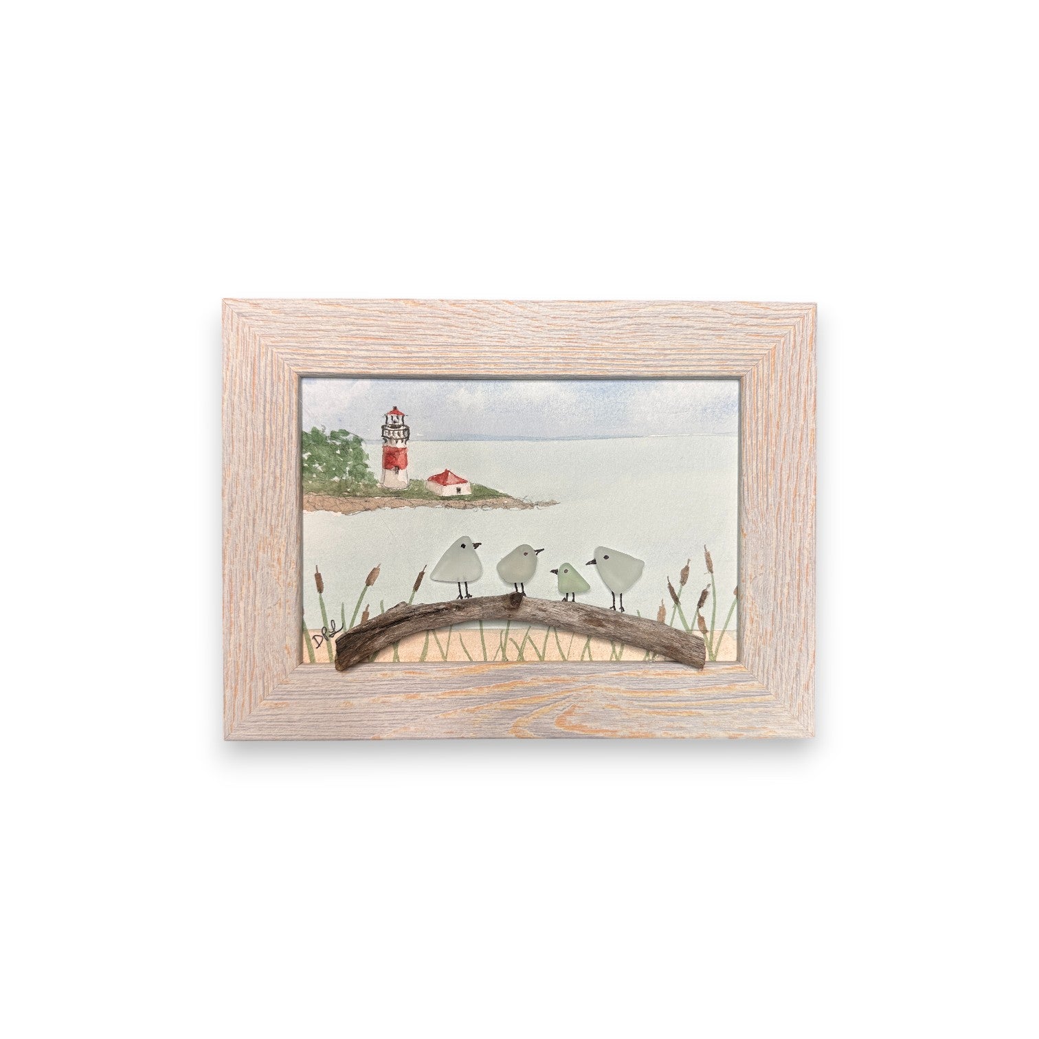 Stratford Point Lighthouse Sea Glass Birds on Watercolor Print - Framed White Washed 7-1/2-in Horizontal - Mellow Monkey