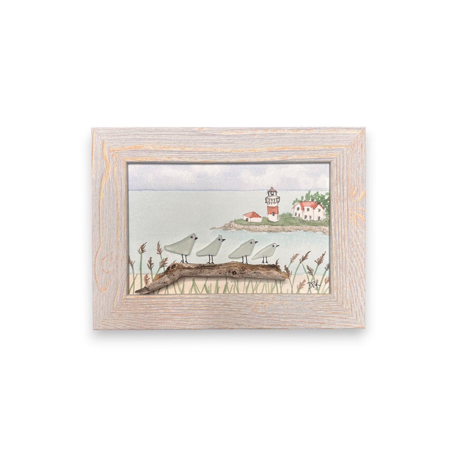 Stratford Point Lighthouse Sea Glass Birds on Watercolor Print - Framed White Washed 7-1/2-in Horizontal - Mellow Monkey
