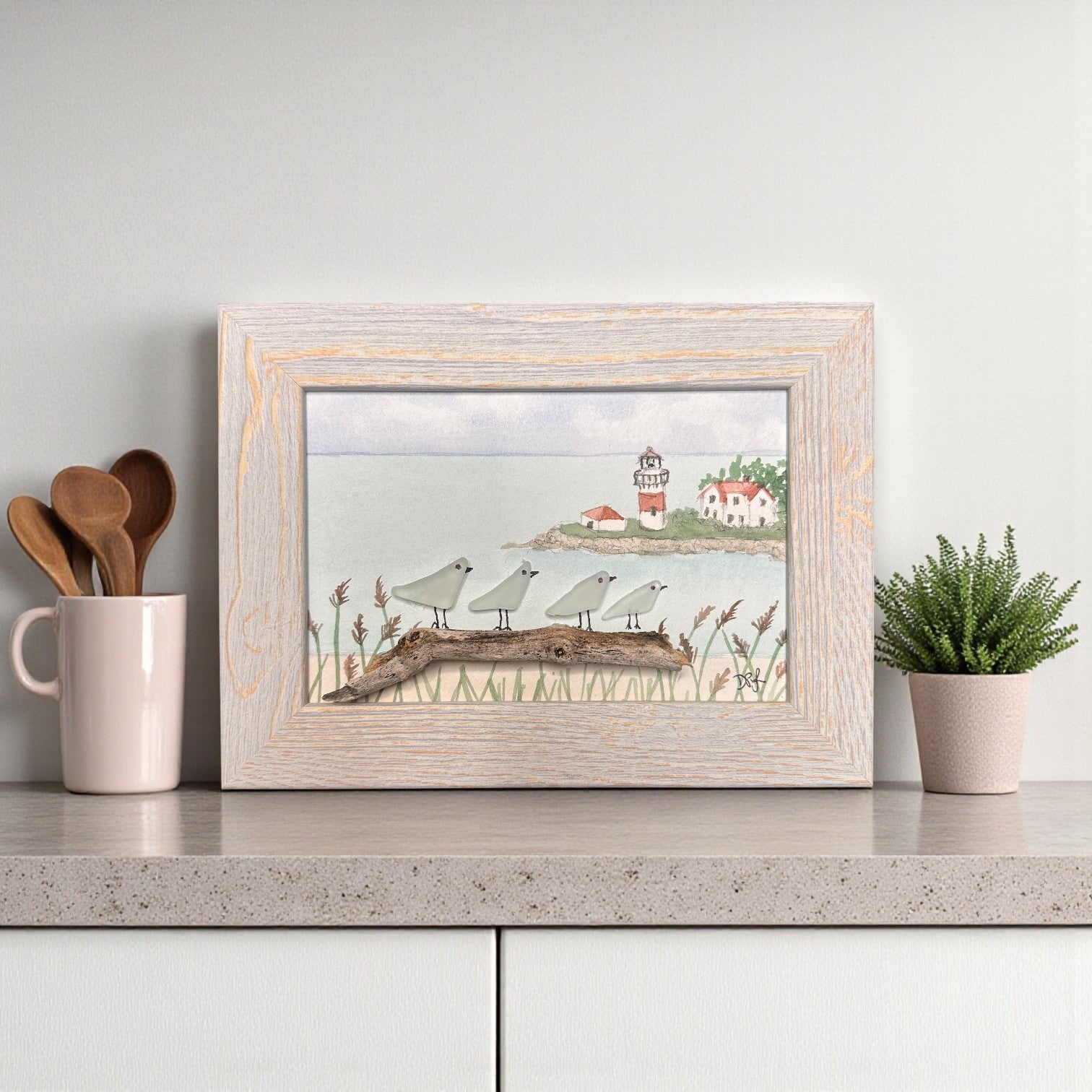 Stratford Point Lighthouse Sea Glass Birds on Watercolor Print - Framed White Washed 7-1/2-in Horizontal - Mellow Monkey