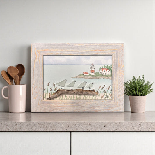 Stratford Point Lighthouse Sea Glass Birds on Watercolor Print - Framed White Washed 7-1/2-in Horizontal - Mellow Monkey