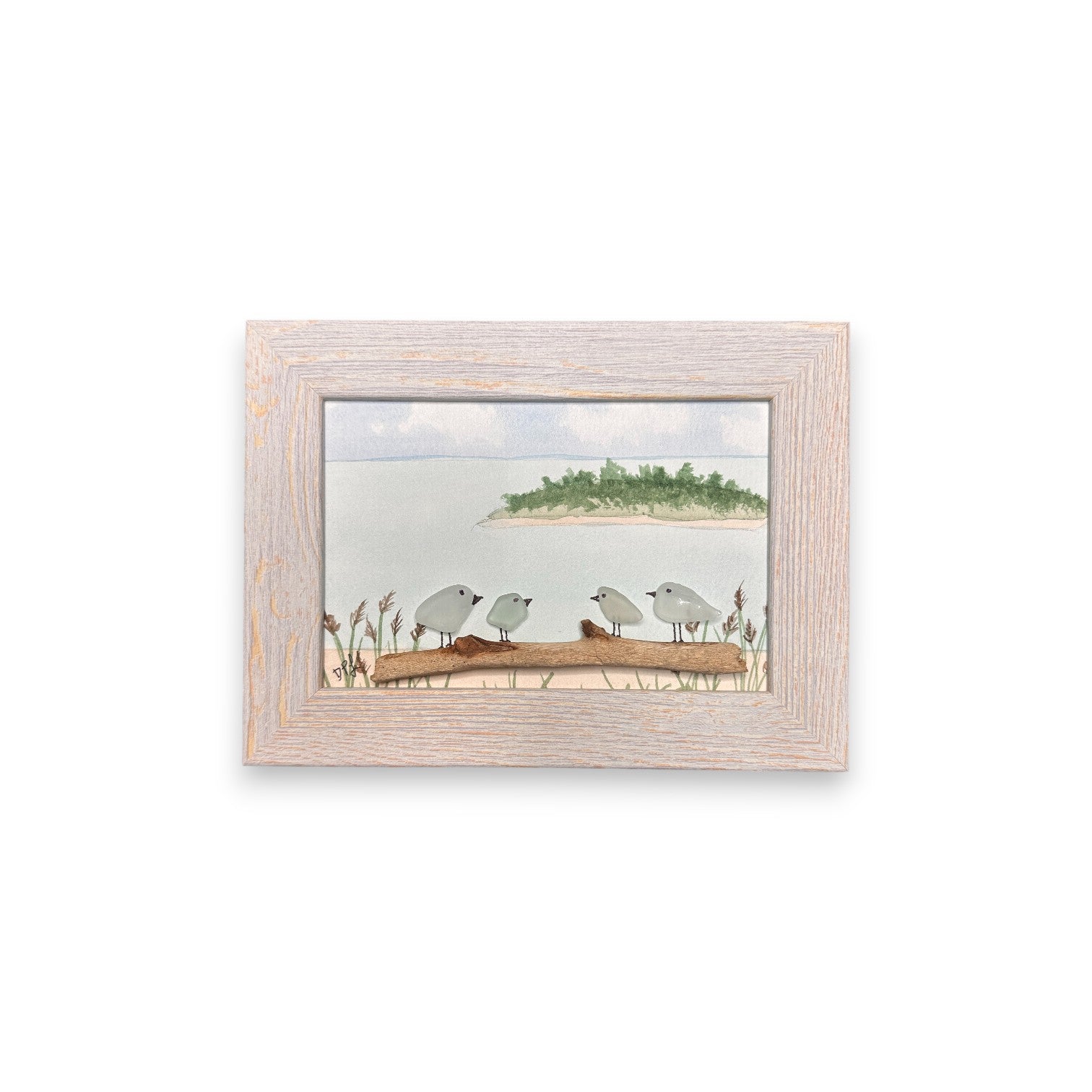 Charles Island Sea Glass Birds on Watercolor Print - Framed White Washed 7-1/2-in Horizontal - Mellow Monkey