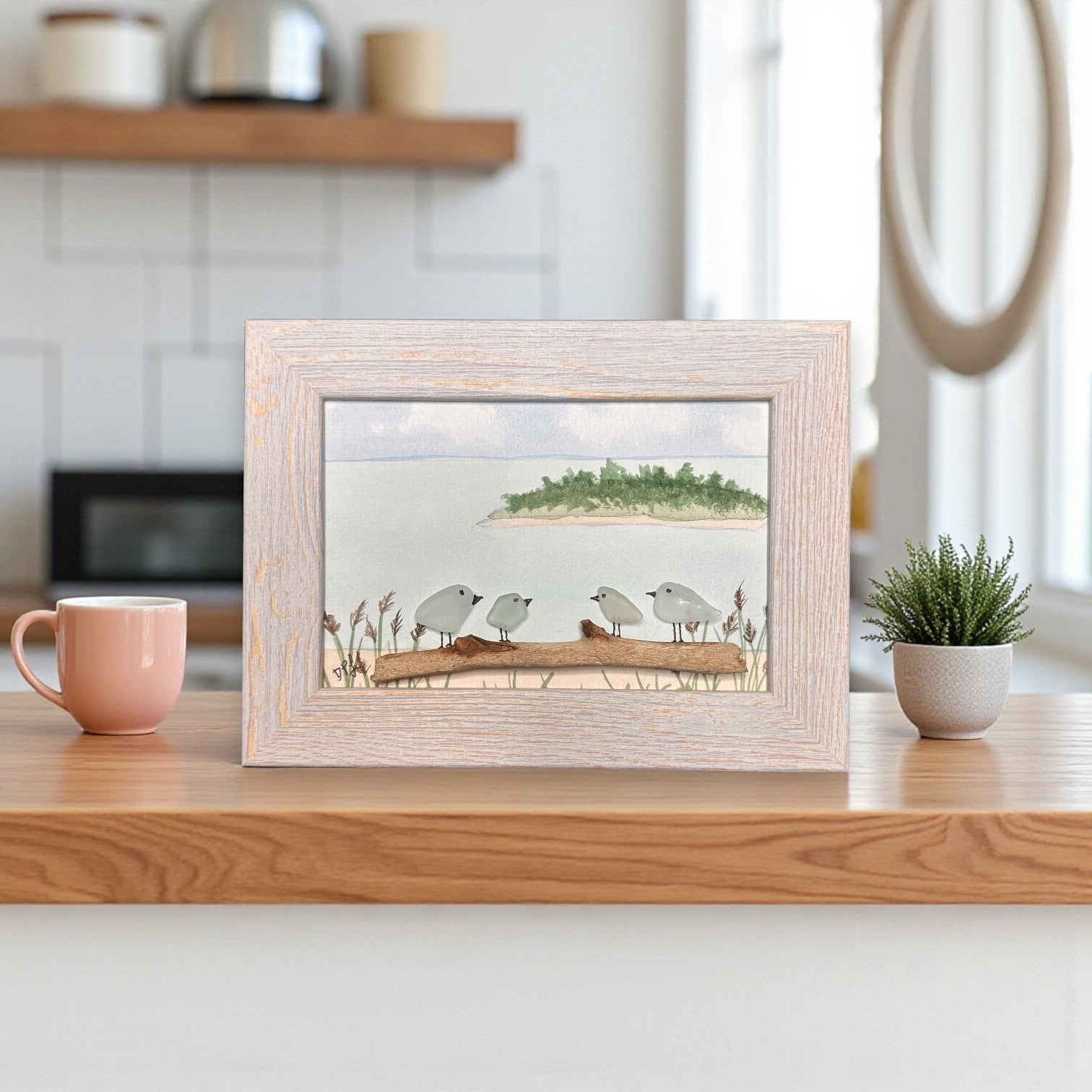 Charles Island Sea Glass Birds on Watercolor Print - Framed White Washed 7-1/2-in Horizontal - Mellow Monkey