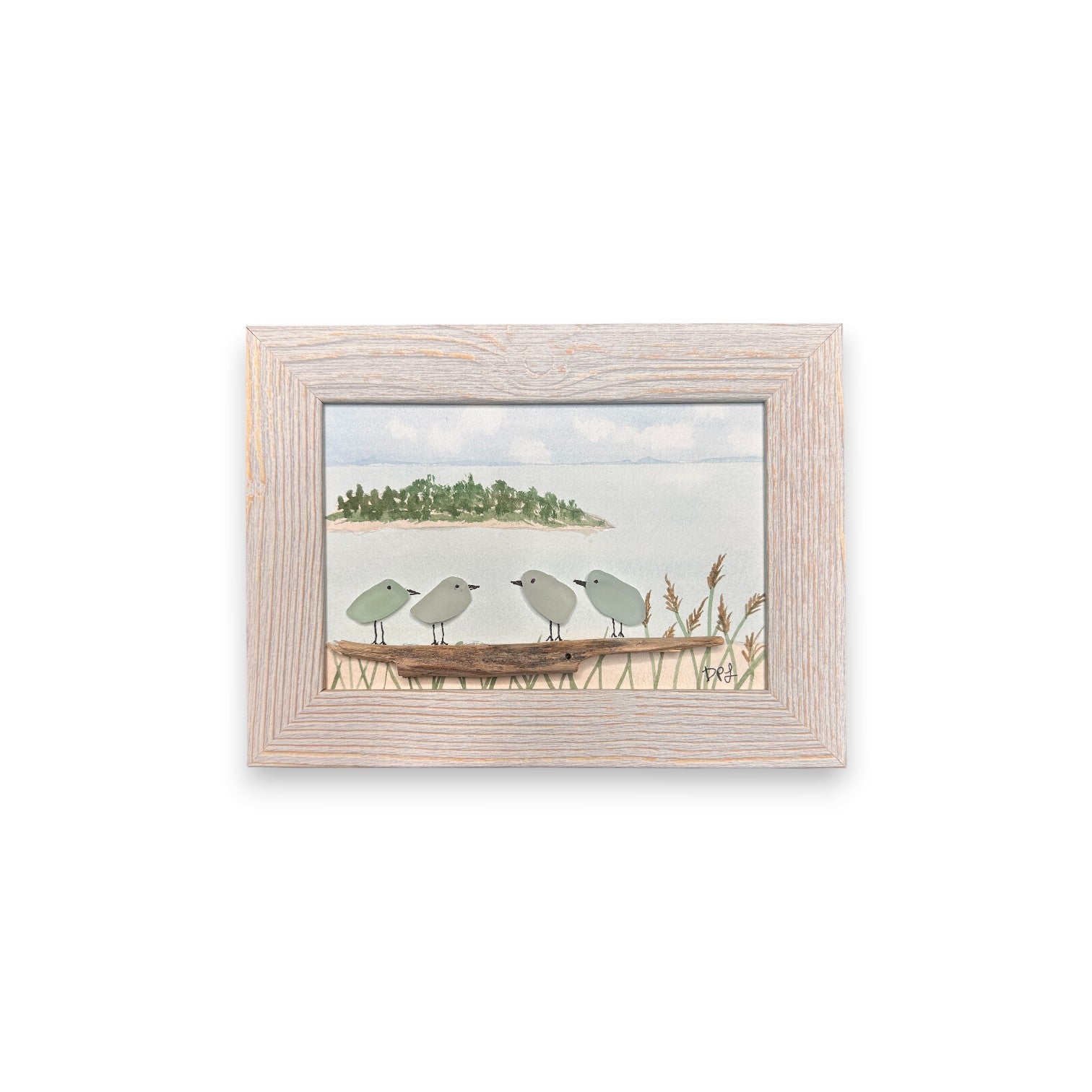 Charles Island Sea Glass Birds on Watercolor Print - Framed White Washed 7-1/2-in Horizontal - Mellow Monkey