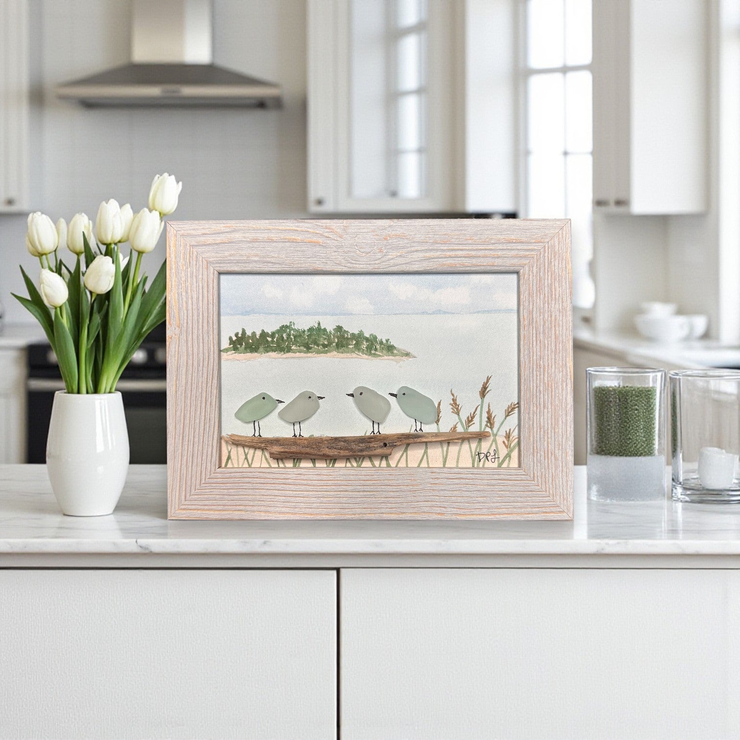 Charles Island Sea Glass Birds on Watercolor Print - Framed White Washed 7-1/2-in Horizontal - Mellow Monkey