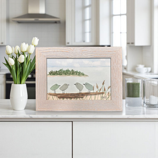 Charles Island Sea Glass Birds on Watercolor Print - Framed White Washed 7-1/2-in Horizontal - Mellow Monkey