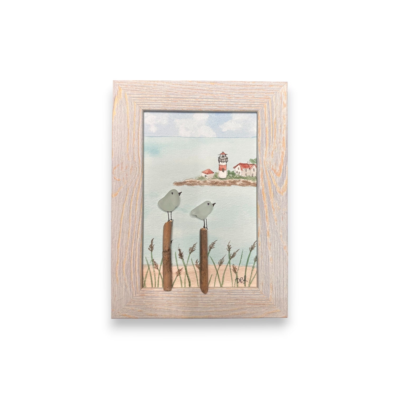 Stratford Point Lighthouse Sea Glass Birds on Watercolor Print - Framed White Washed 7-1/2-in Vertical - Mellow Monkey