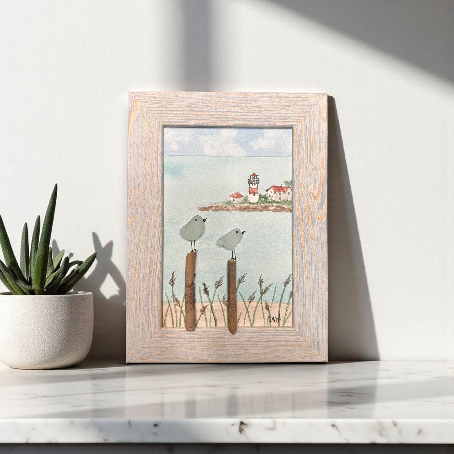 Stratford Point Lighthouse Sea Glass Birds on Watercolor Print - Framed White Washed 7-1/2-in Vertical - Mellow Monkey