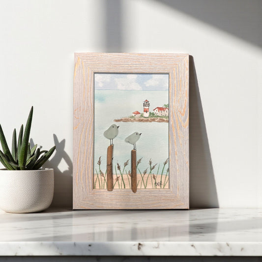 Stratford Point Lighthouse Sea Glass Birds on Watercolor Print - Framed White Washed 7-1/2-in Vertical - Mellow Monkey