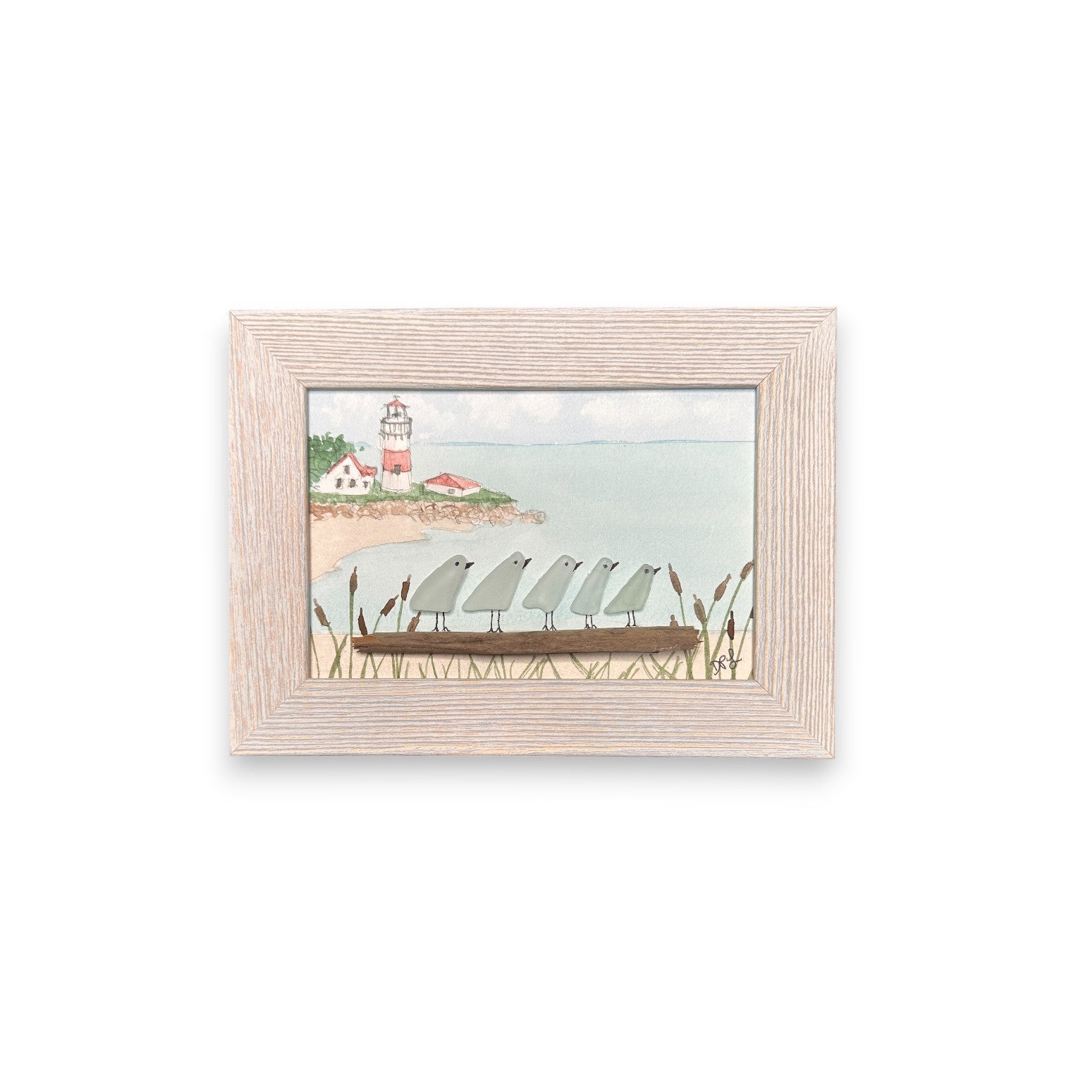 Stratford Point Lighthouse Sea Glass Birds on Watercolor Print - Framed White Washed 7-1/2-in Horizontal - Mellow Monkey