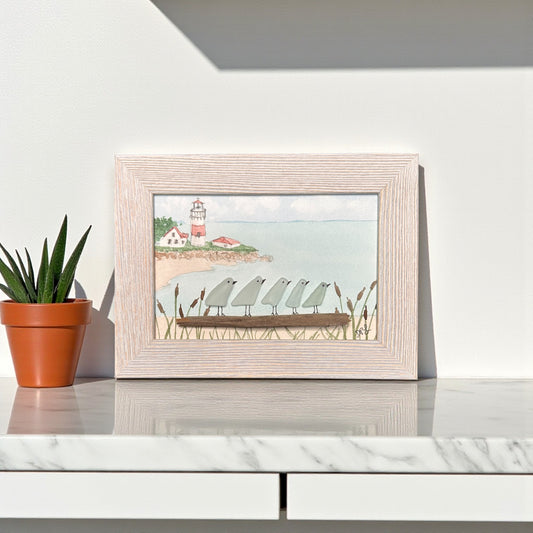 Stratford Point Lighthouse Sea Glass Birds on Watercolor Print - Framed White Washed 7-1/2-in Horizontal - Mellow Monkey