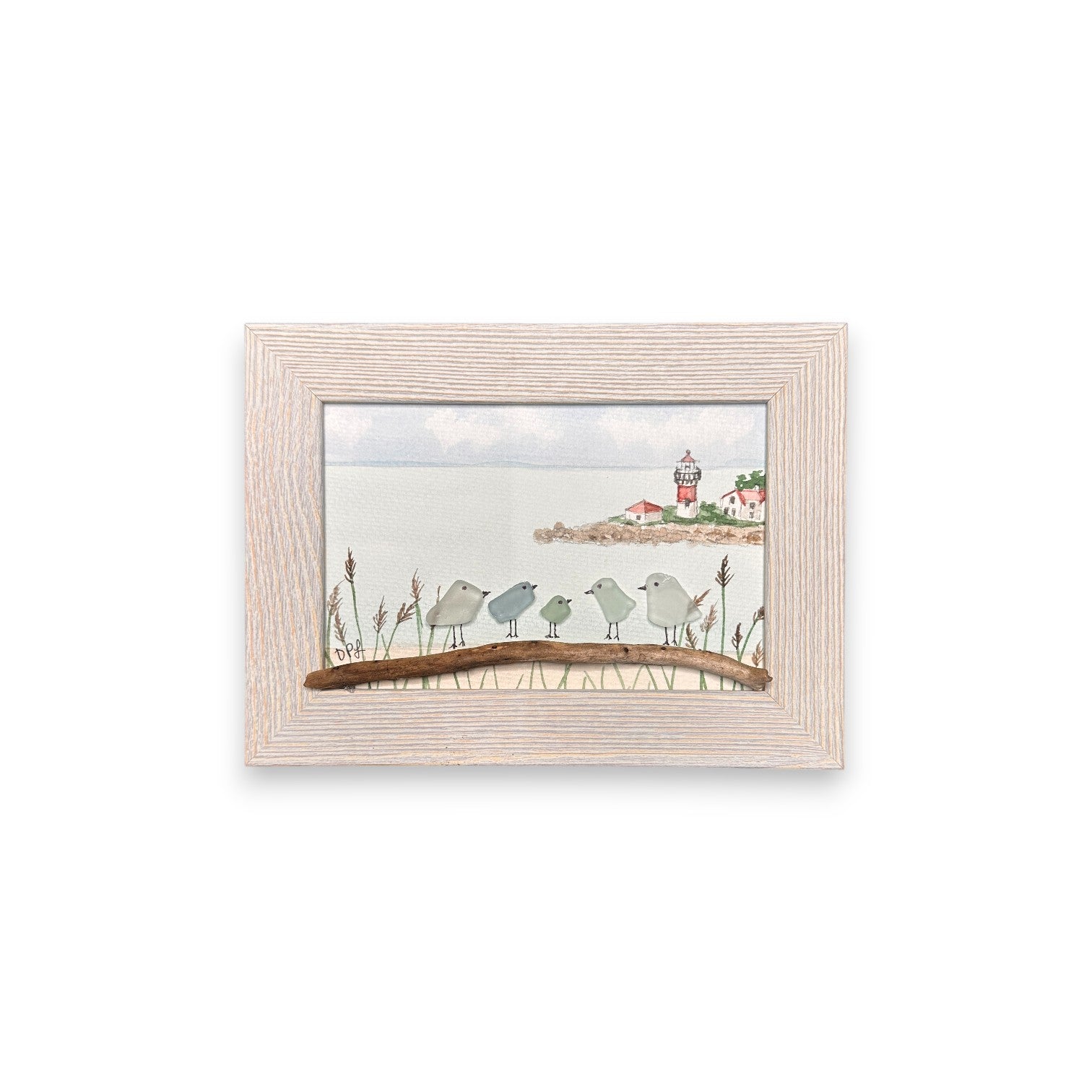 Stratford Point Lighthouse Sea Glass Birds on Watercolor Print - Framed White Washed 7-1/2-in Horizontal - Mellow Monkey
