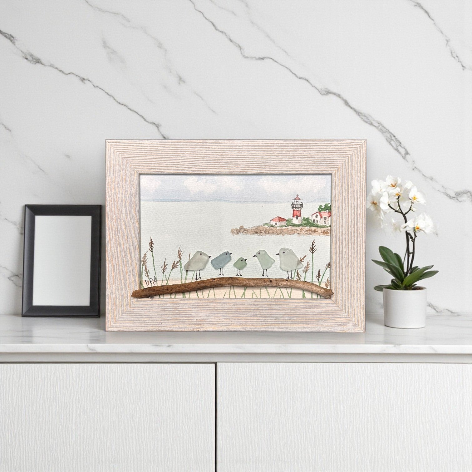 Stratford Point Lighthouse Sea Glass Birds on Watercolor Print - Framed White Washed 7-1/2-in Horizontal - Mellow Monkey