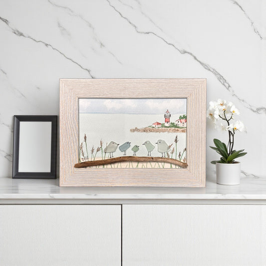 Stratford Point Lighthouse Sea Glass Birds on Watercolor Print - Framed White Washed 7-1/2-in Horizontal - Mellow Monkey