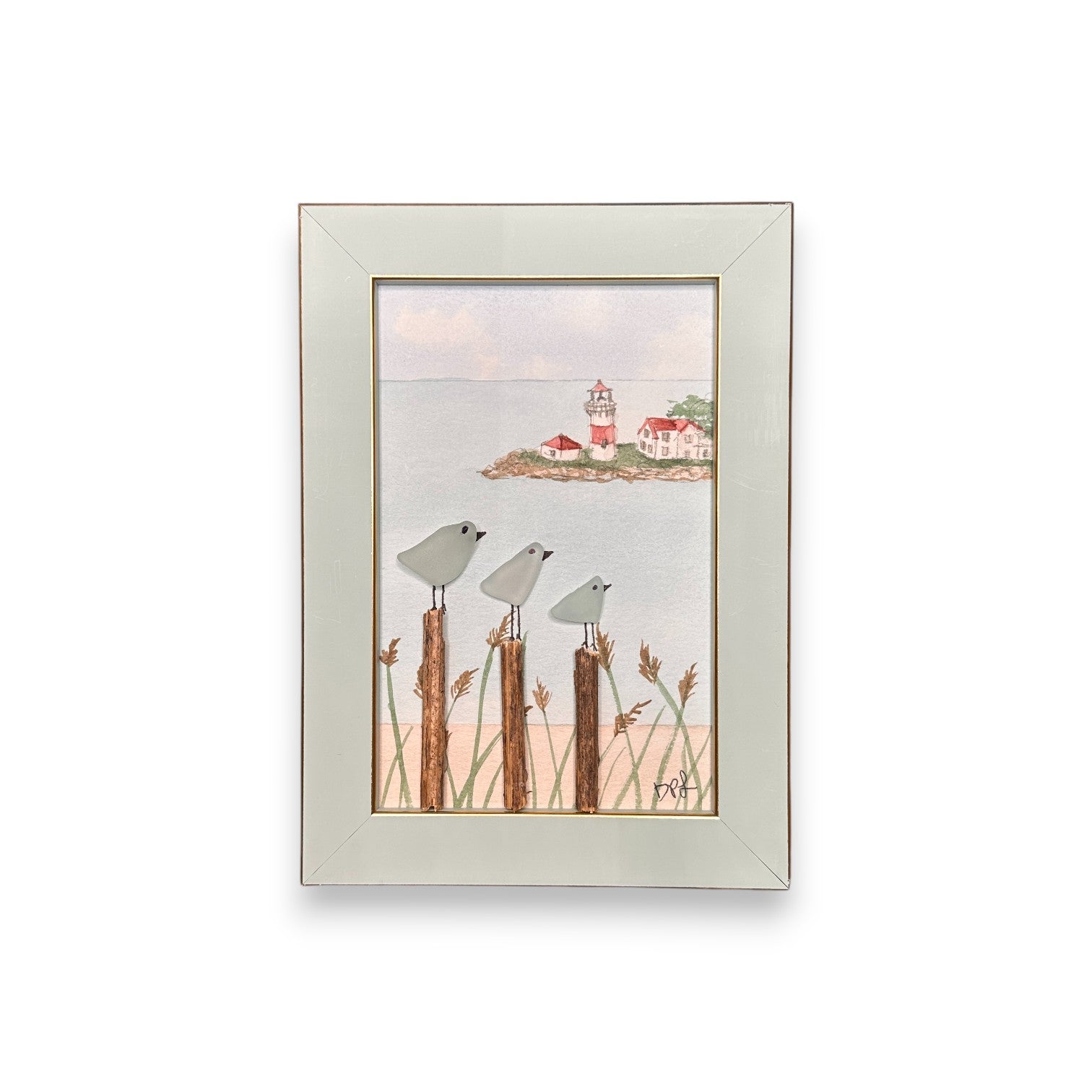 Stratford Point Lighthouse Sea Glass Birds on Watercolor Print - Framed Teal 7-1/4-in Vertical - Mellow Monkey