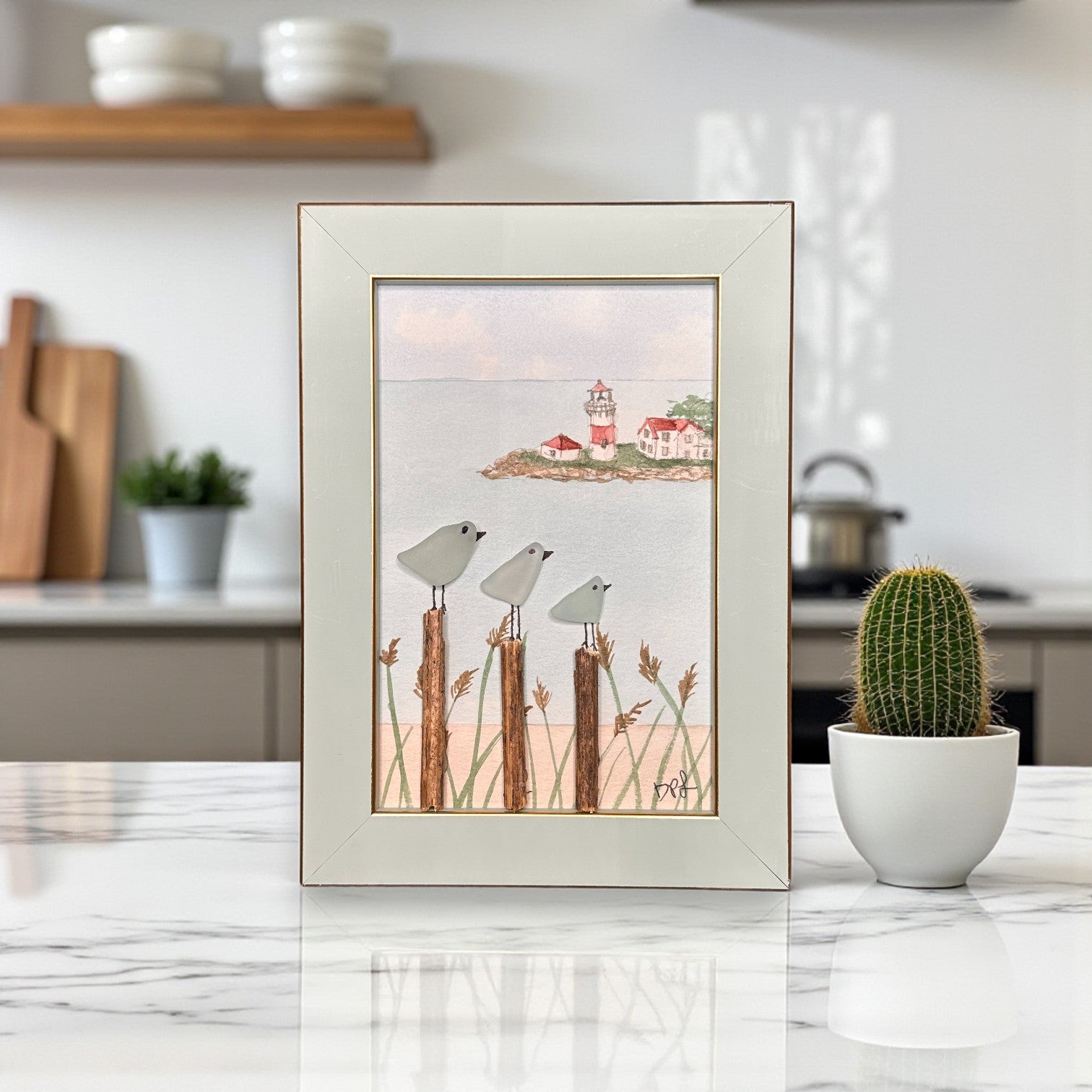 Stratford Point Lighthouse Sea Glass Birds on Watercolor Print - Framed Teal 7-1/4-in Vertical - Mellow Monkey
