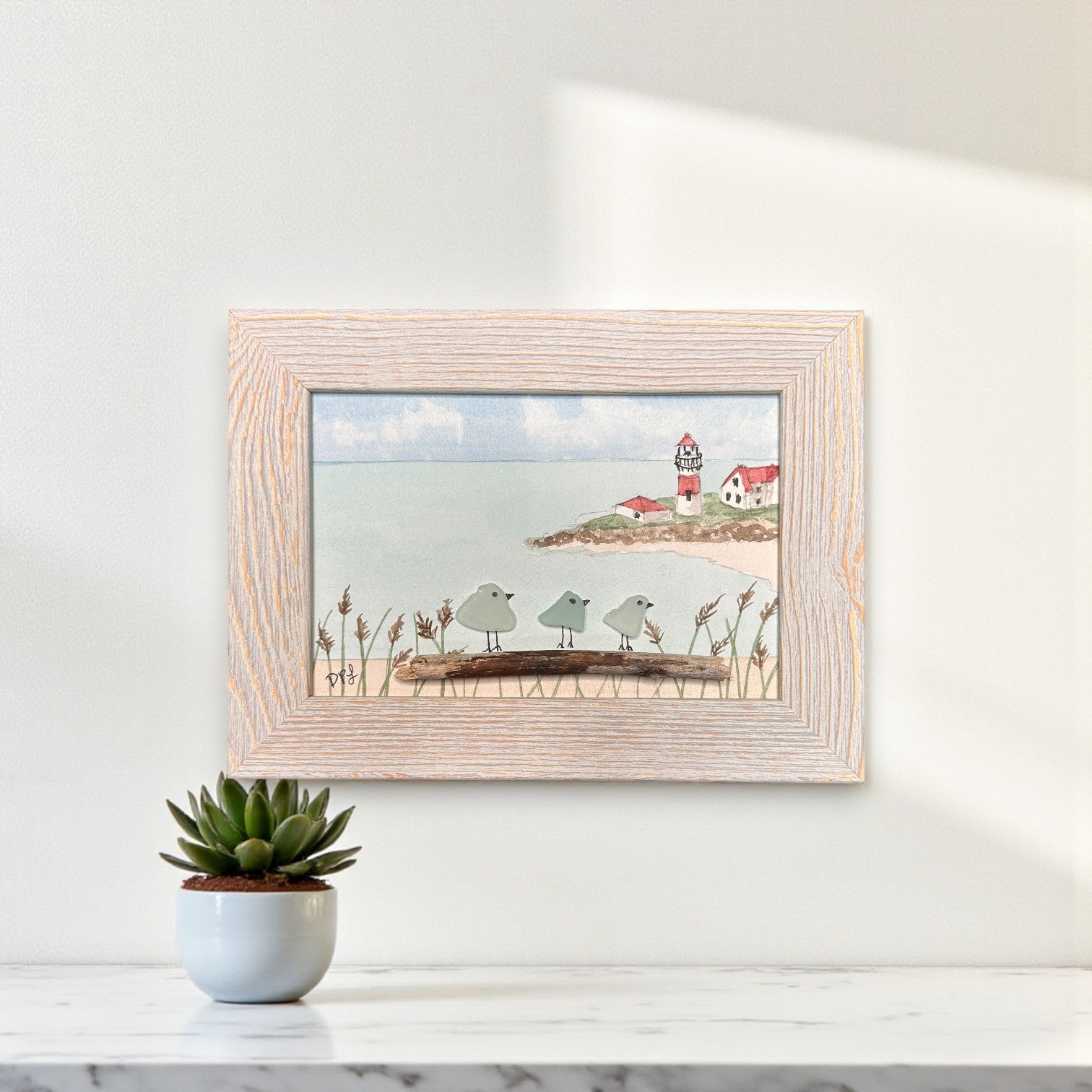 Stratford Point Lighthouse Sea Glass Birds on Watercolor Print - Framed White Washed 7-1/2-in Horizontal - Mellow Monkey
