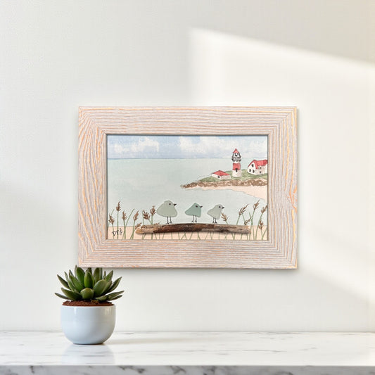 Stratford Point Lighthouse Sea Glass Birds on Watercolor Print - Framed White Washed 7-1/2-in Horizontal - Mellow Monkey