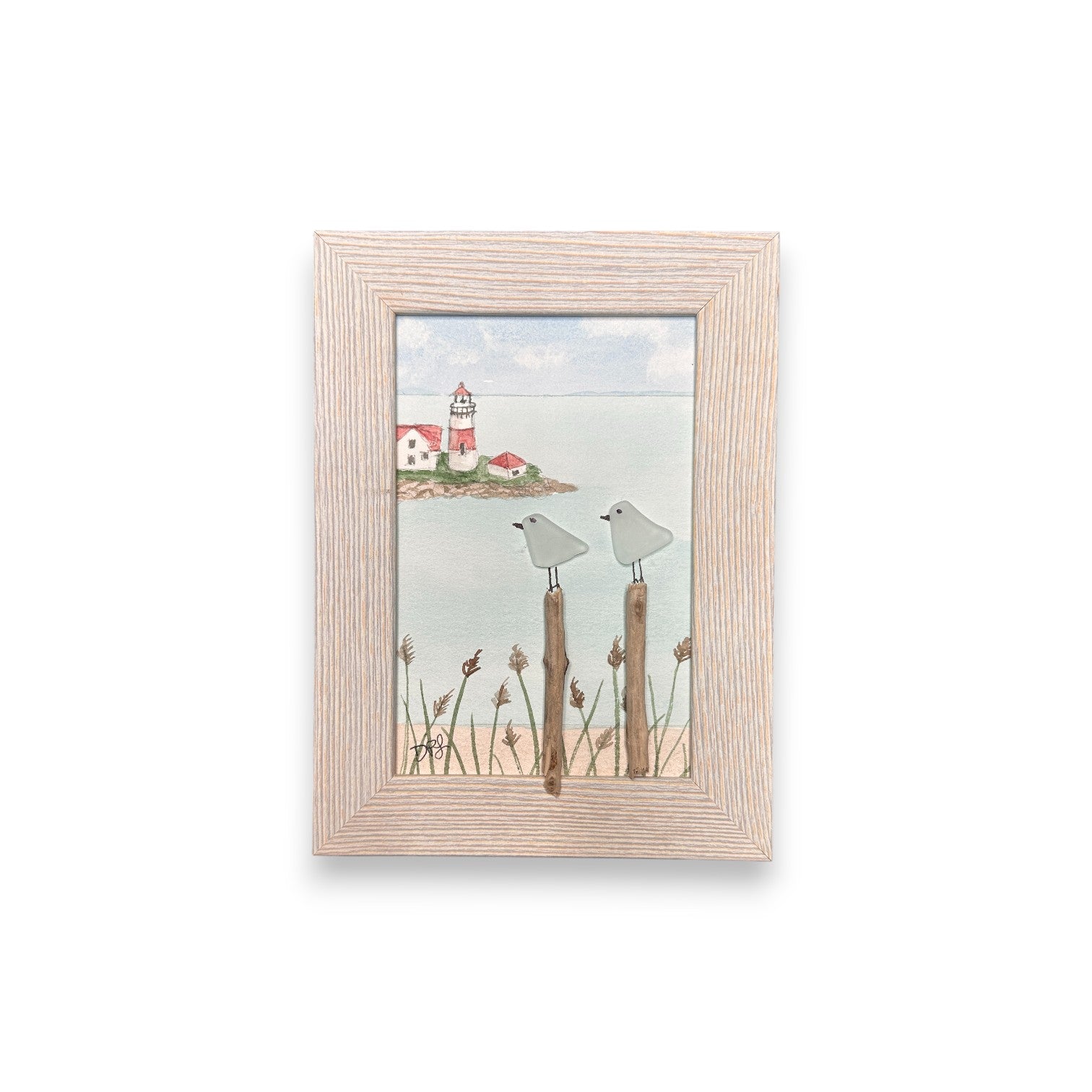 Stratford Point Lighthouse Sea Glass Birds on Watercolor Print - Framed White Washed 7-1/2-in Vertical - Mellow Monkey