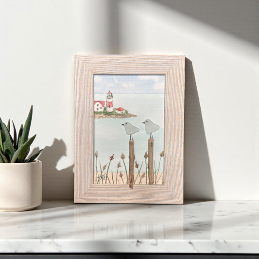 Stratford Point Lighthouse Sea Glass Birds on Watercolor Print - Framed White Washed 7-1/2-in Vertical - Mellow Monkey