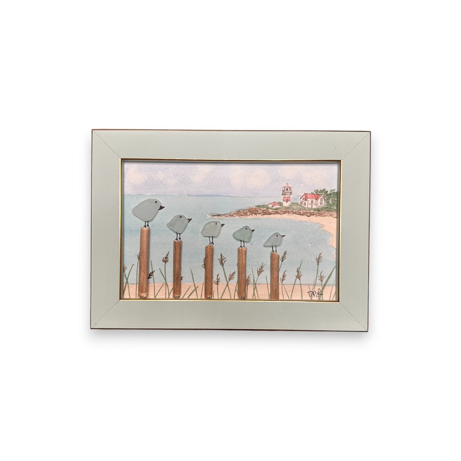 Stratford Point Lighthouse Sea Glass Birds on Watercolor Print - Framed Teal 7-1/4-in Horizontal - Mellow Monkey