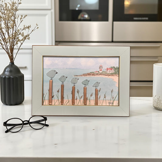 Stratford Point Lighthouse Sea Glass Birds on Watercolor Print - Framed Teal 7-1/4-in Horizontal - Mellow Monkey