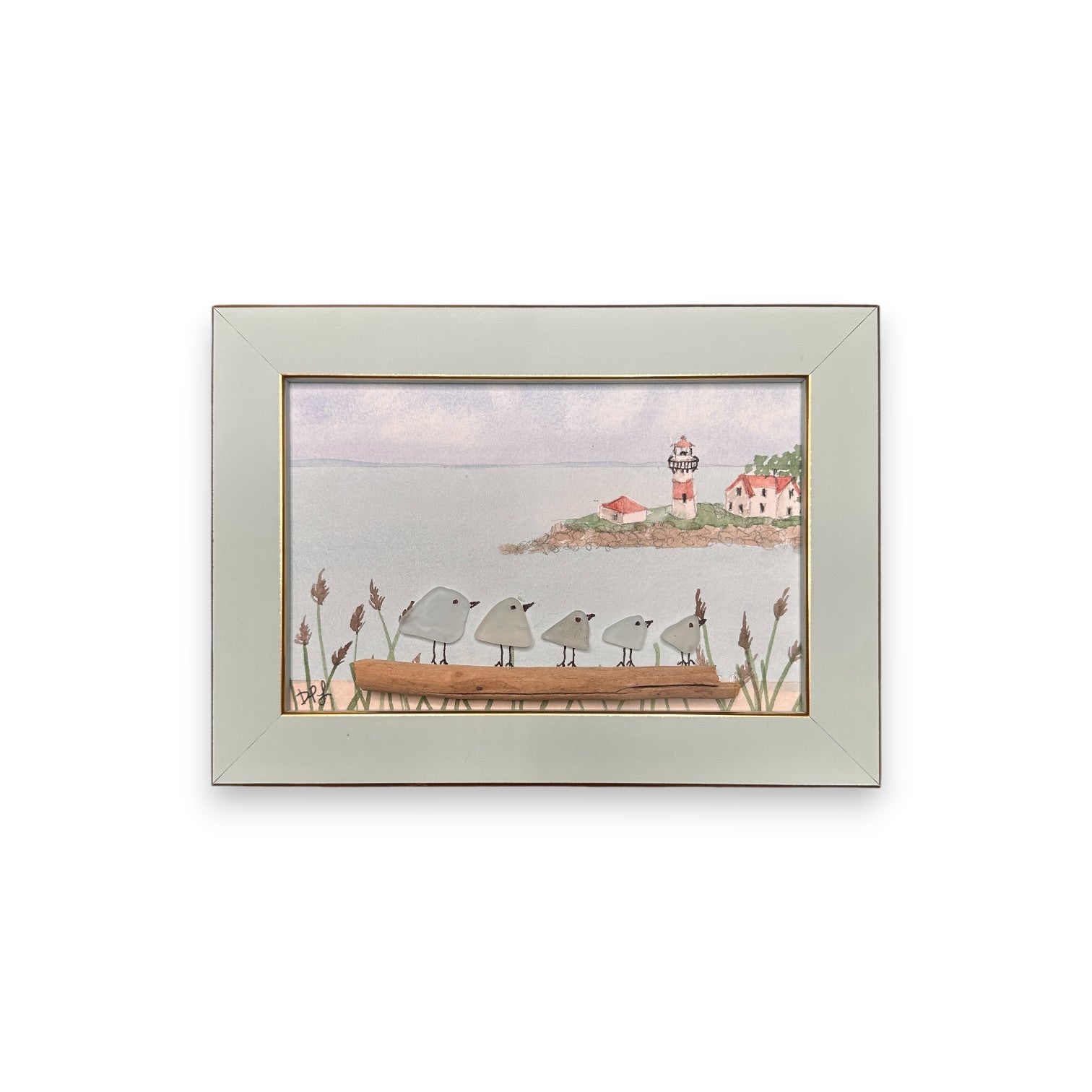 Stratford Point Lighthouse Sea Glass Birds on Watercolor Print - Framed Teal 7-1/4-in Horizontal - Mellow Monkey