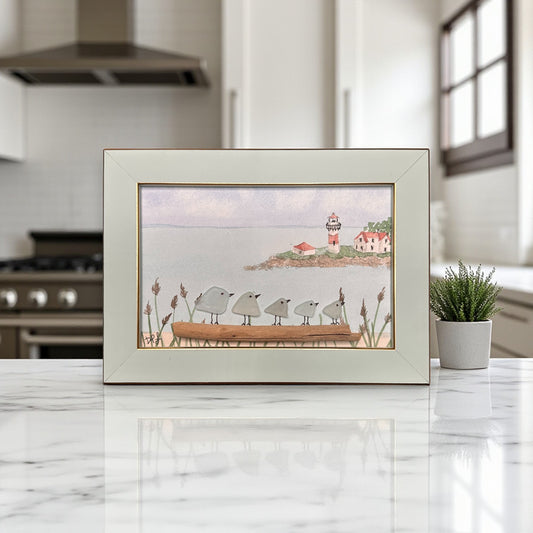 Stratford Point Lighthouse Sea Glass Birds on Watercolor Print - Framed Teal 7-1/4-in Horizontal - Mellow Monkey