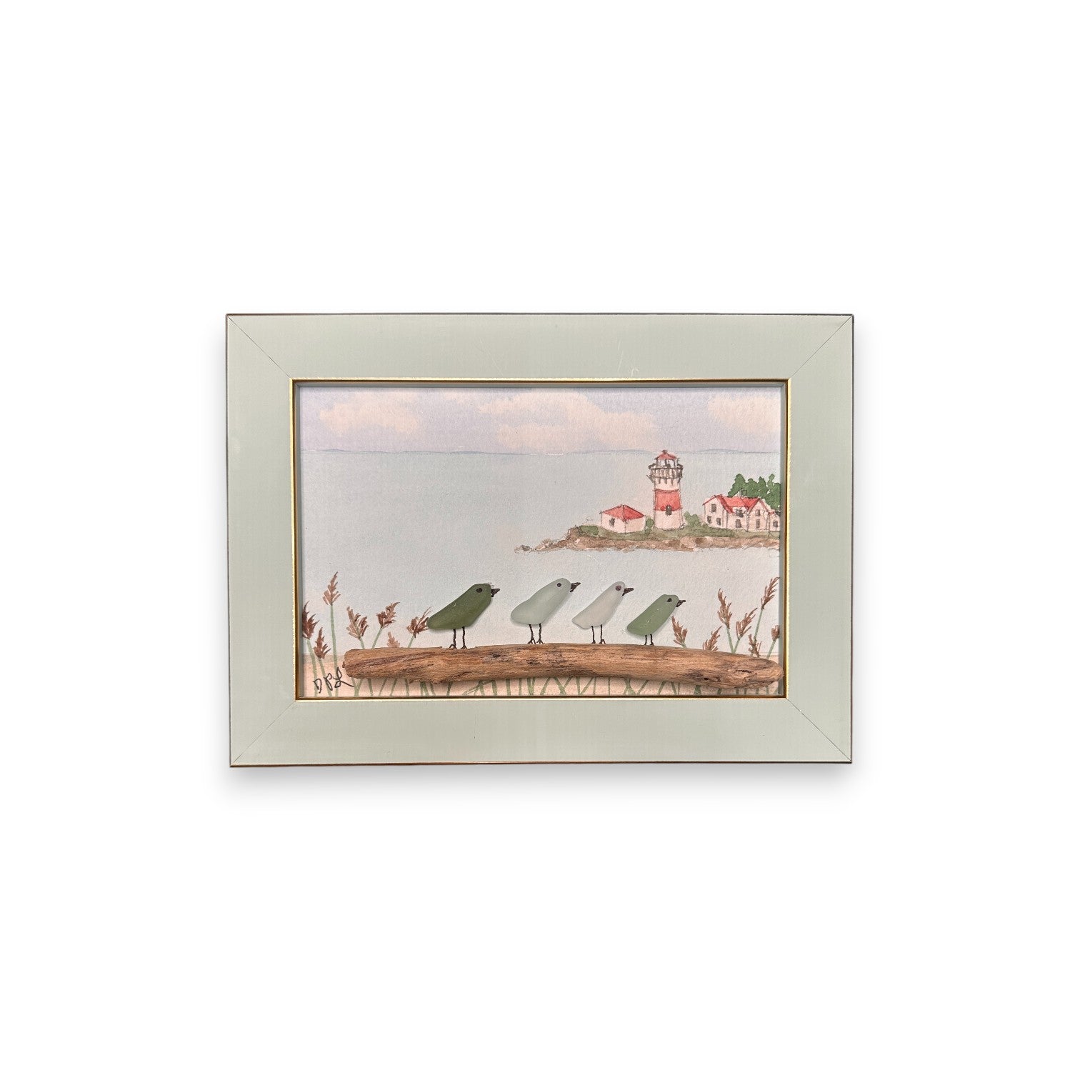 Stratford Point Lighthouse Sea Glass Birds on Watercolor Print - Framed Teal 7-1/4-in Horizontal - Mellow Monkey