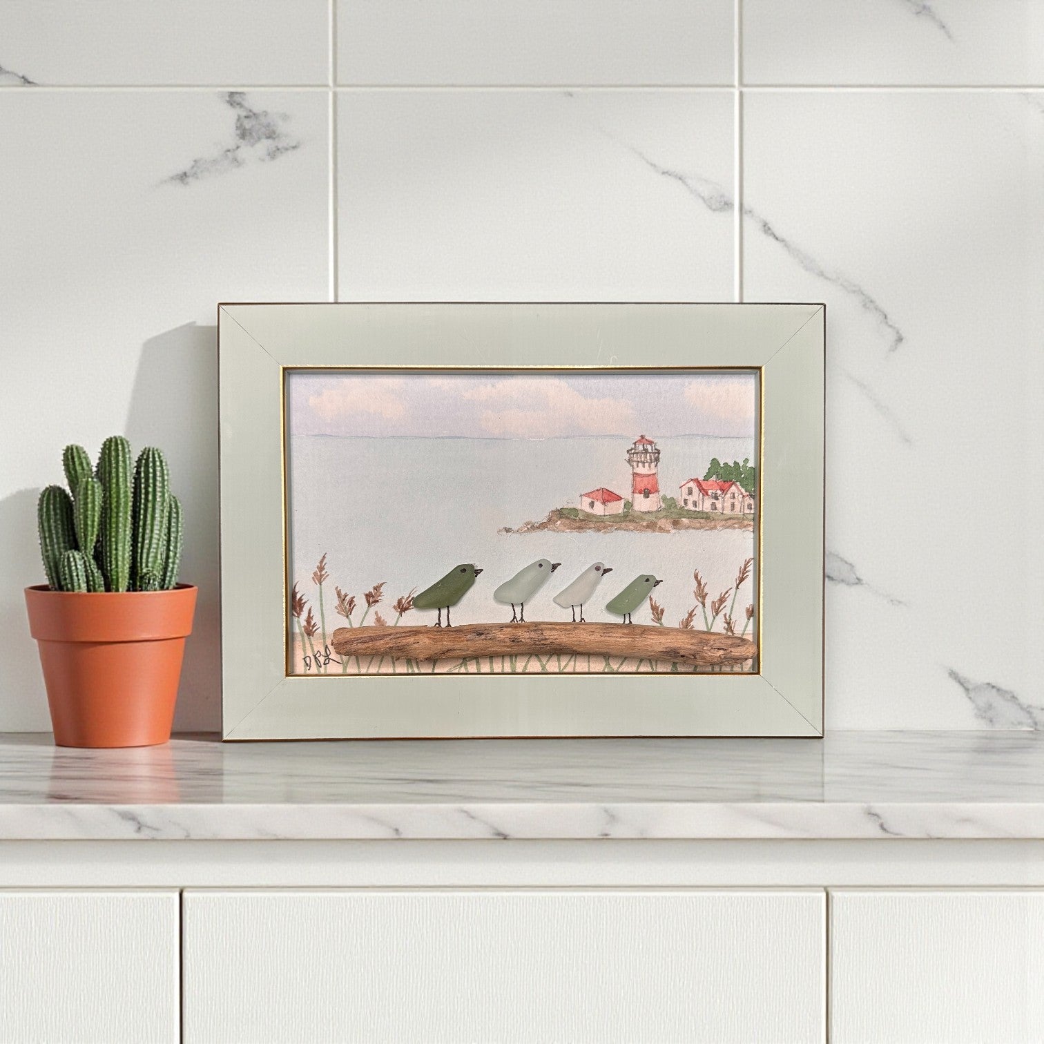 Stratford Point Lighthouse Sea Glass Birds on Watercolor Print - Framed Teal 7-1/4-in Horizontal - Mellow Monkey