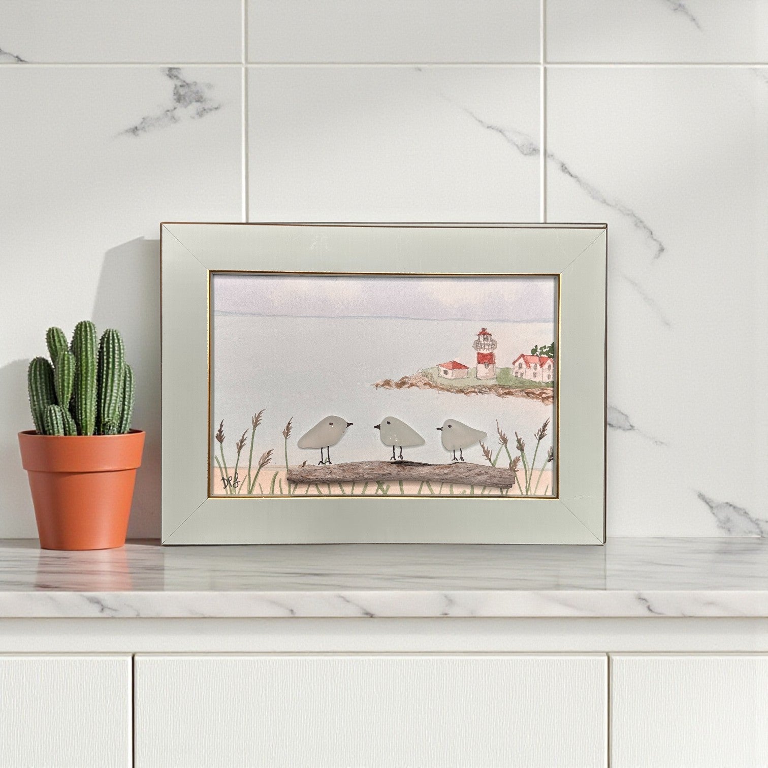 Stratford Point Lighthouse Sea Glass Birds on Watercolor Print - Framed Teal 7-1/4-in Horizontal - Mellow Monkey