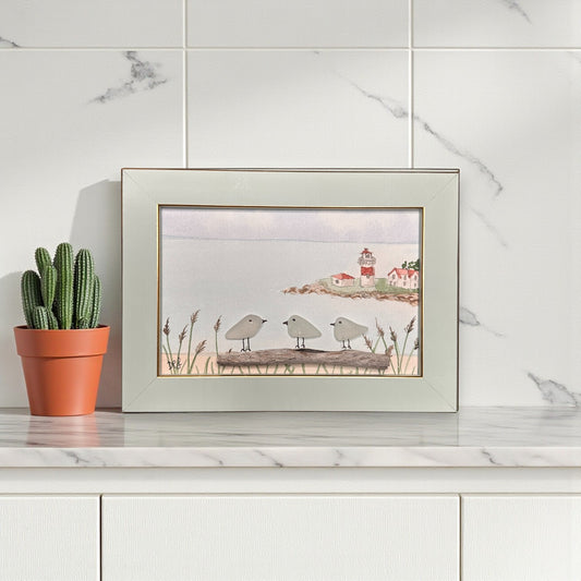Stratford Point Lighthouse Sea Glass Birds on Watercolor Print - Framed Teal 7-1/4-in Horizontal - Mellow Monkey