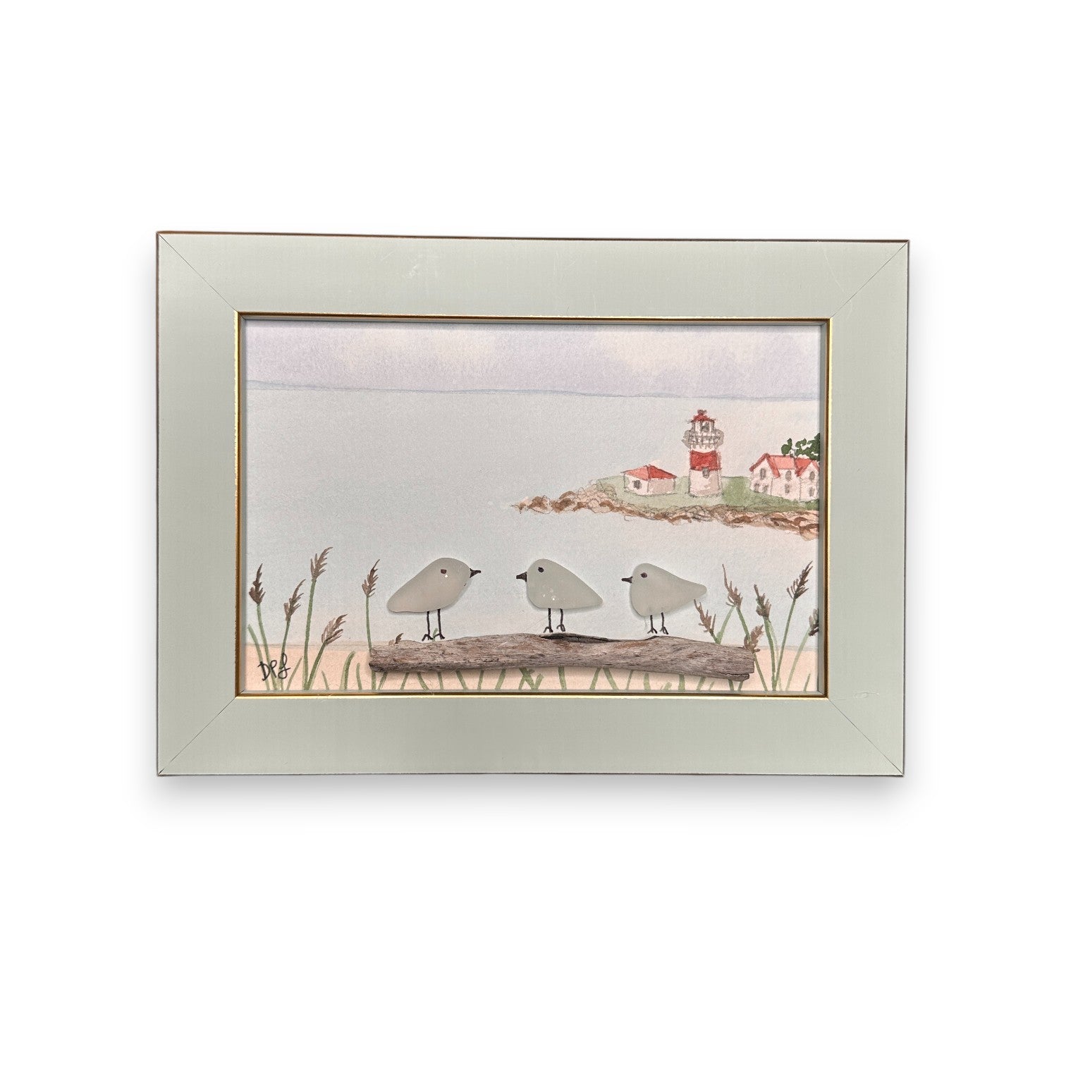 Stratford Point Lighthouse Sea Glass Birds on Watercolor Print - Framed Teal 7-1/4-in Horizontal - Mellow Monkey
