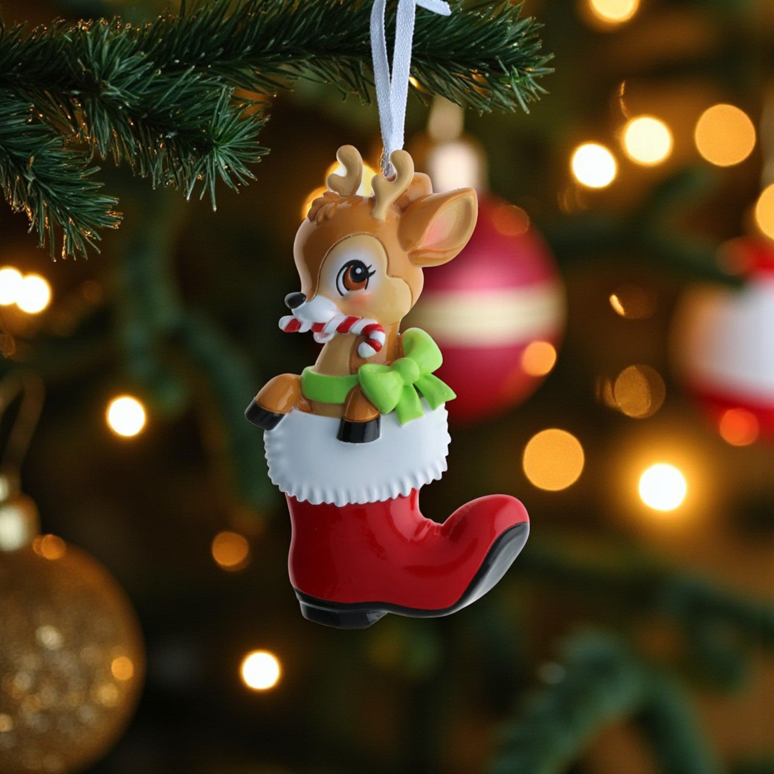 Nostalgic Baby Deer in Boot Personalized Ornament: Red & Green - Mellow Monkey