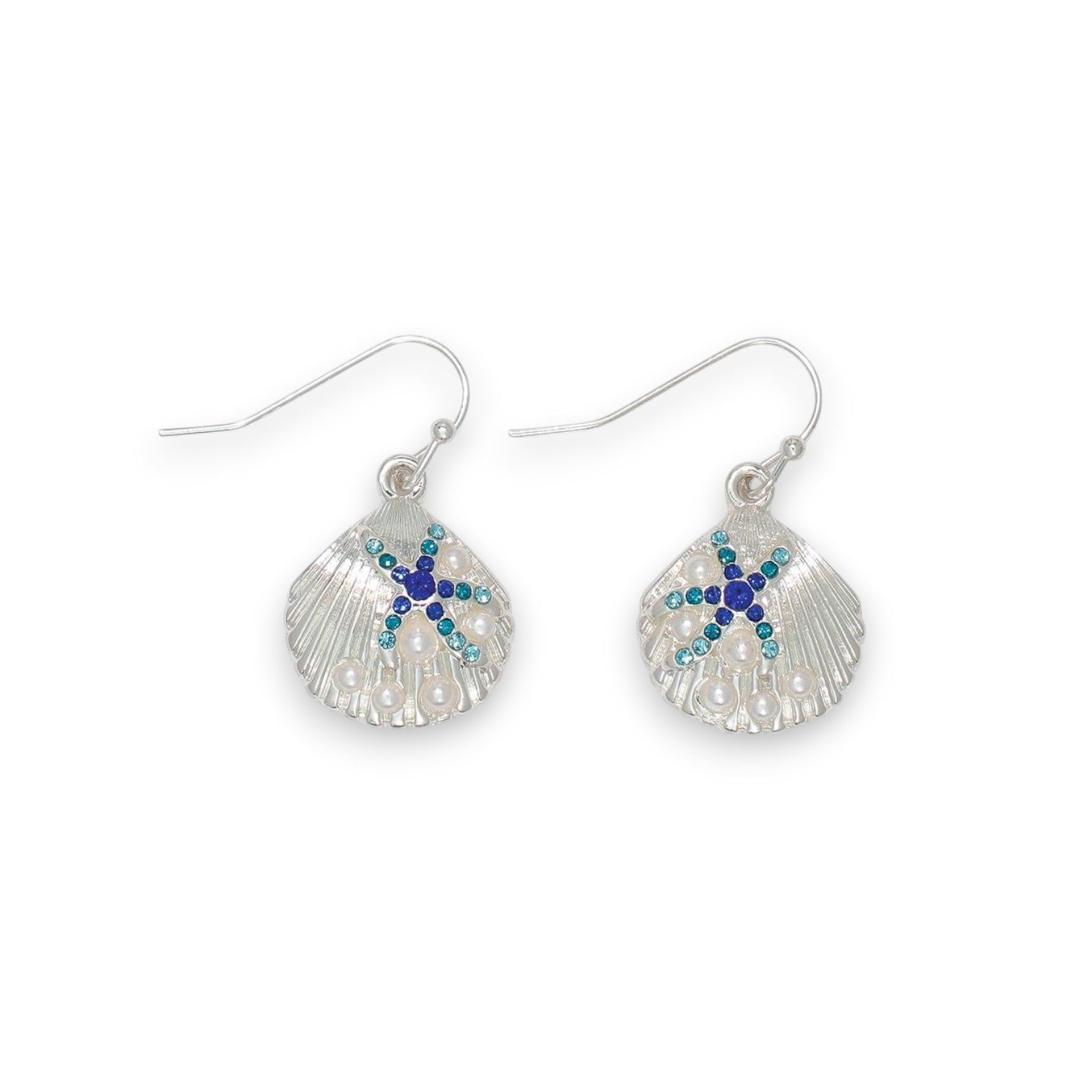 Silver Scallop Shells With Pearl Accents And Aqua Crystals - Earrings - Mellow Monkey