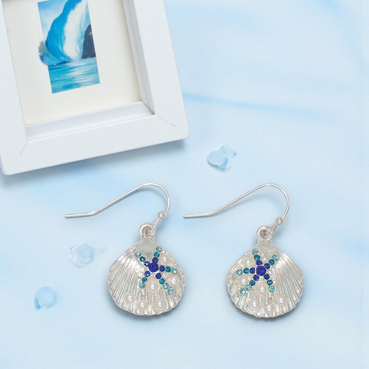 Silver Scallop Shells With Pearl Accents And Aqua Crystals - Earrings - Mellow Monkey