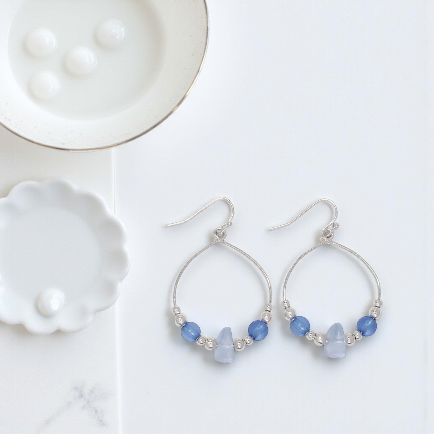 Silver Hoops With Blue Sea Glass - Earrings - Mellow Monkey