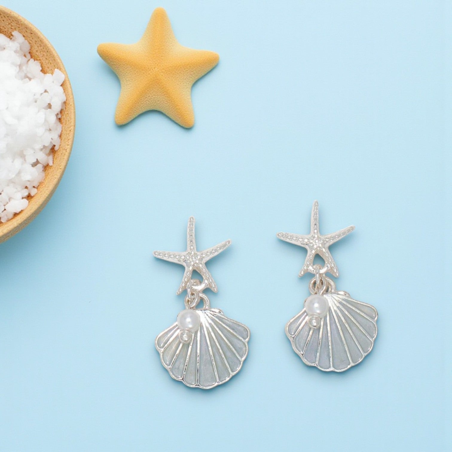 Starfish And Light Blue Enamel Shell - Earrings - Mellow Monkey