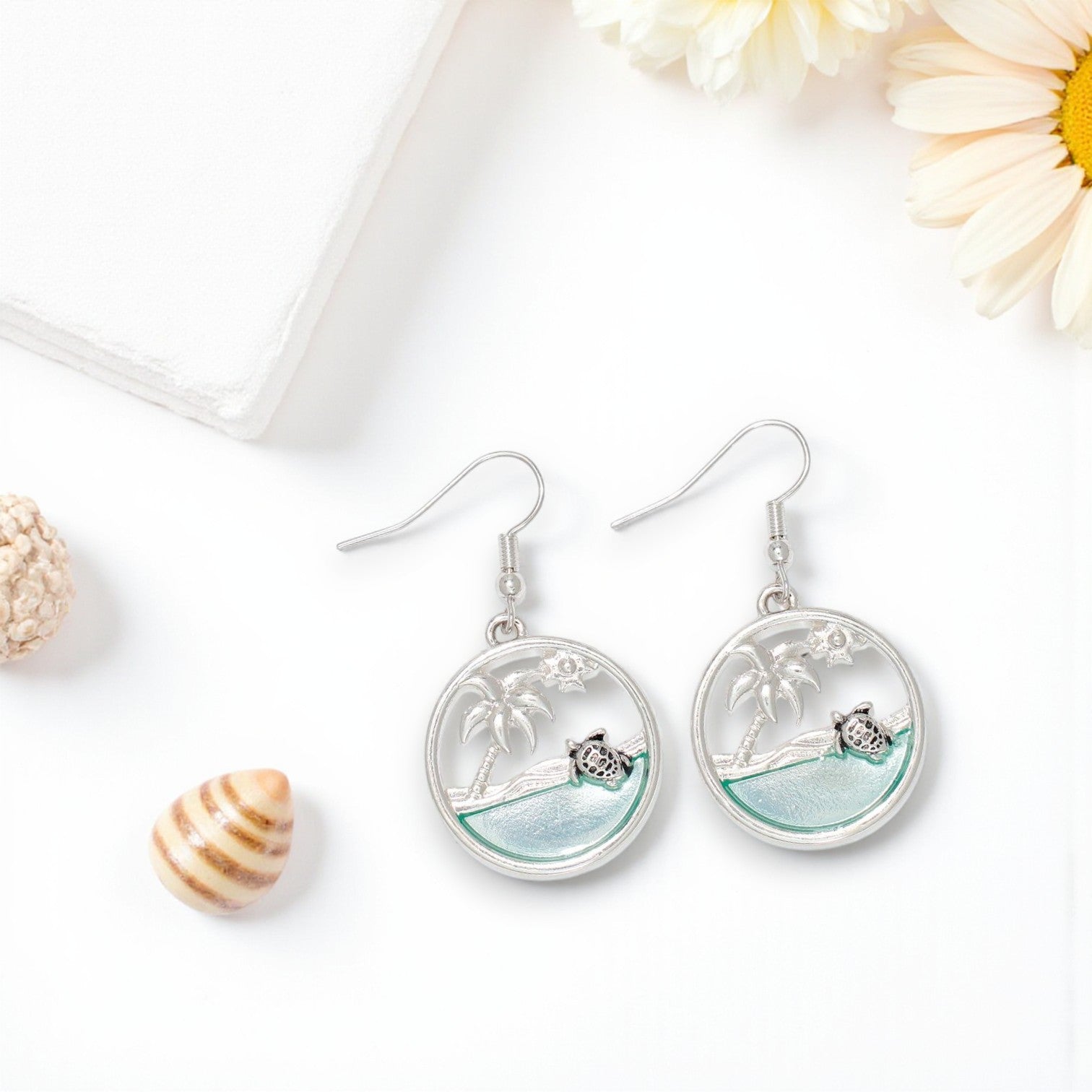 Serene Silver Turtle And Palm Scenes - Earrings - Mellow Monkey