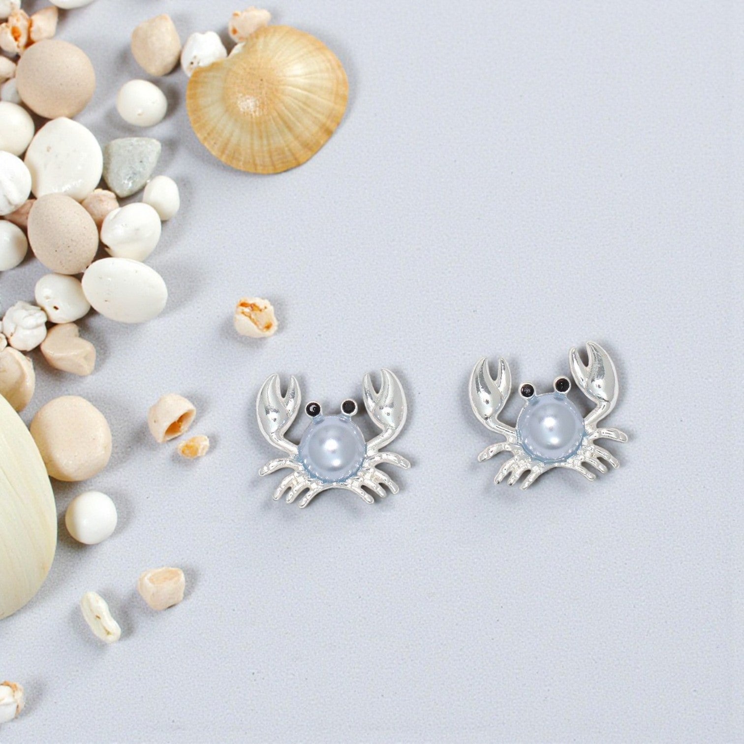 Silver Crabs With Soft Blue Pearl And Crystal Eyes - Earrings - Mellow Monkey