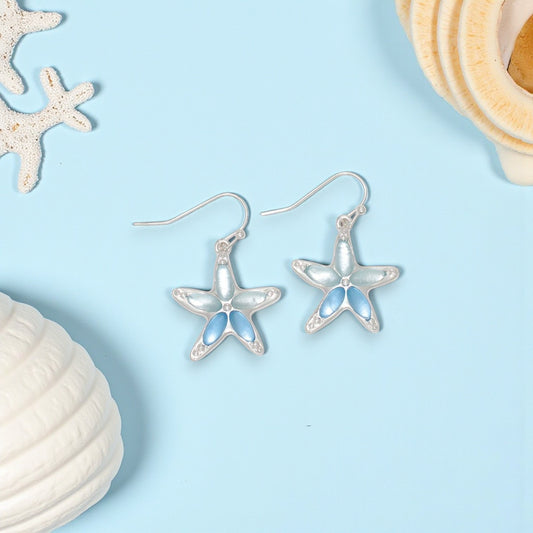Silver Starfish With Soft Blue Inlay - Earrings - Mellow Monkey