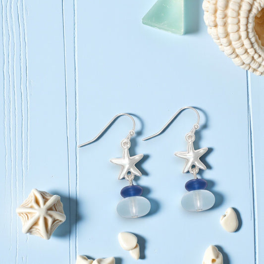 Silver Starfish With Blue Sea Glass - Earrings - Mellow Monkey