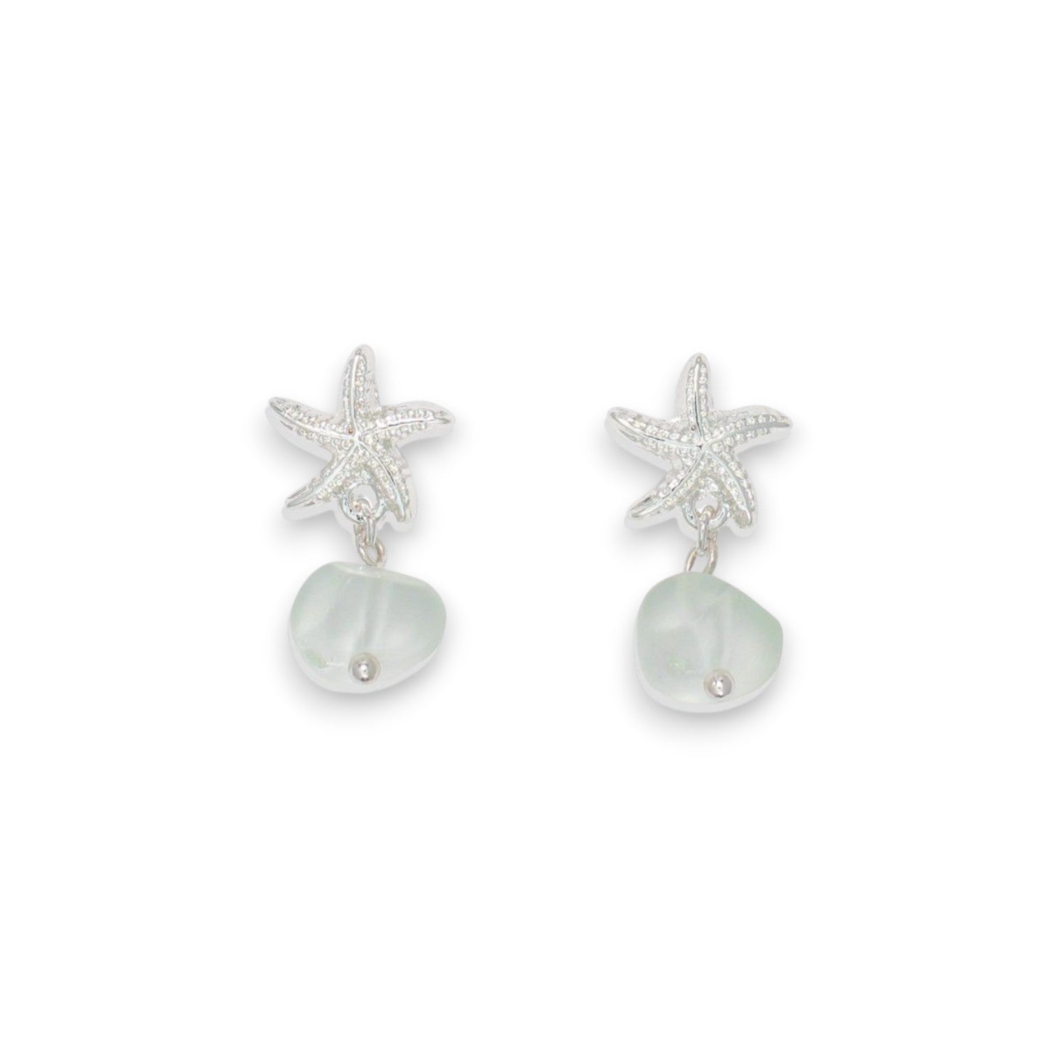 Silver Starfish With Mint Sea Glass - Earrings - Mellow Monkey