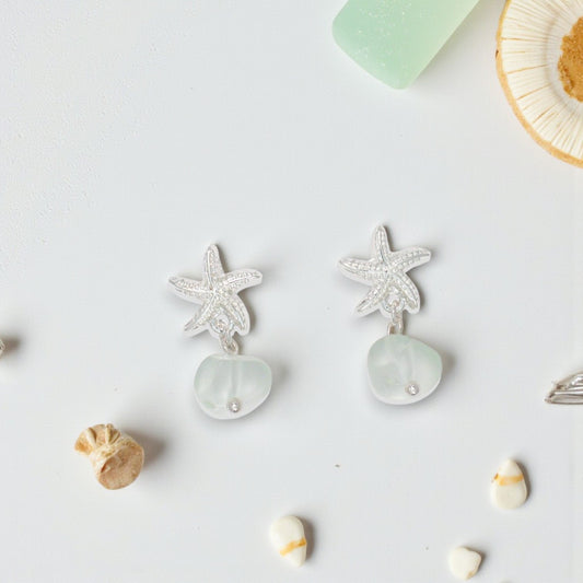 Silver Starfish With Mint Sea Glass - Earrings - Mellow Monkey
