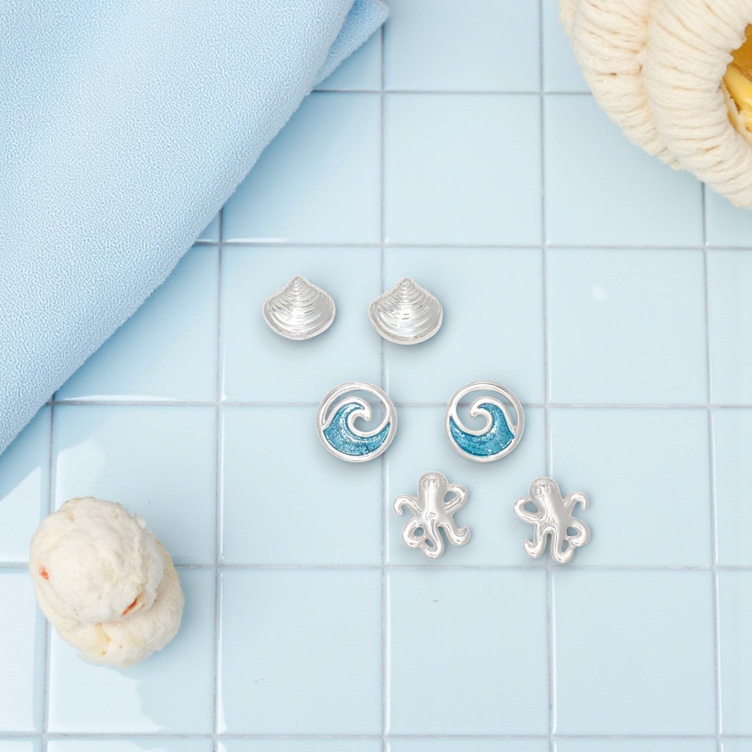 Polished Shell Octopus And Blue Wave - Earrings - Mellow Monkey