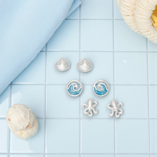 Polished Shell Octopus And Blue Wave - Earrings - Mellow Monkey